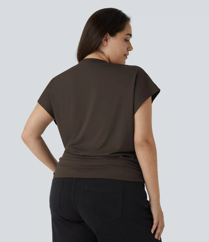 V Neck Cap Sleeve Crossover Ruched Solid Work Plus Size Blouse