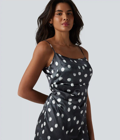 Invisible Zipper Ruched Tie-back Polka Dot Satin Maxi Bridesmaid And Wedding Guest Slip Dress