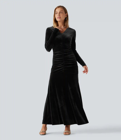 V Neck Long Sleeve Ruched Bodycon Velvet Party Maxi Dress