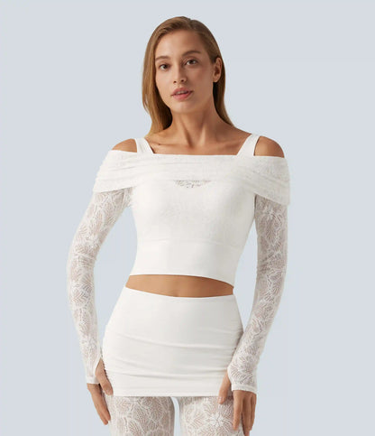 SoftlyZero™ Off Shoulder Long Sleeve Contrast Lace Yoga Sports Top with Built-in Bra