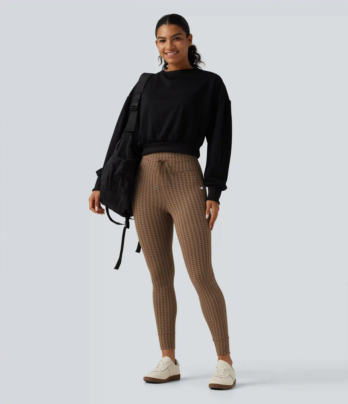 High Waisted Drawstring Houndstooth Yoga Leggings with Pockets