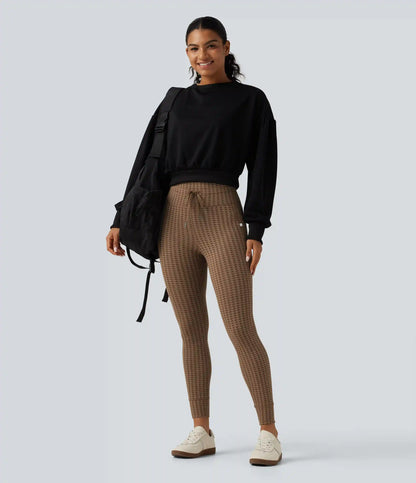 High Waisted Drawstring Houndstooth Yoga Leggings with Pockets