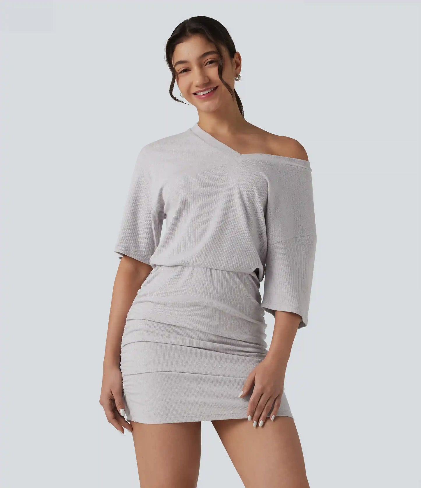 Ribbed Knit V Neck Short Sleeve Ruched Bodycon Mini Casual Dress