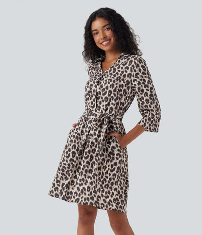 Roll Up Sleeve Belted Leopard Print Casual Shirt Dress with Pockets