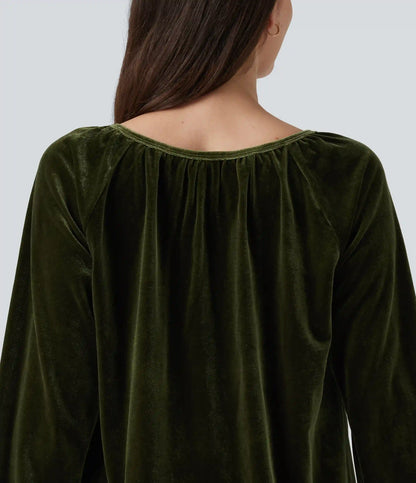Square Neck Raglan Long Sleeve Pleated Velvet Casual Top