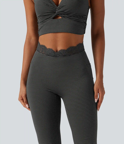 V-Shaped High Waisted Contrast Lace Stripe Yoga Flare Leggings with Pockets