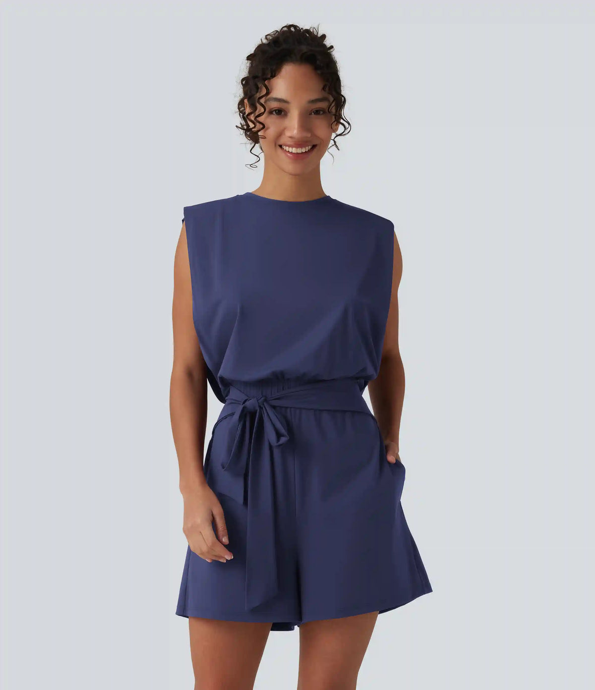 Round Neck Sleeveless Tie-front Cool Touch Casual Romper with Pockets-Easy Peezy-UPF50+