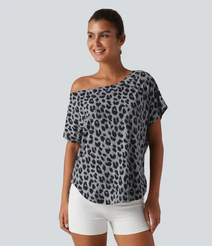 One Shoulder Short Sleeve Leopard Print Built-in Bra Curved Hem High Low Yoga Sports Top