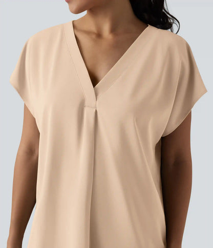 Wrinkle Recovery V-neck Short Sleeve Oversized Work Blouse