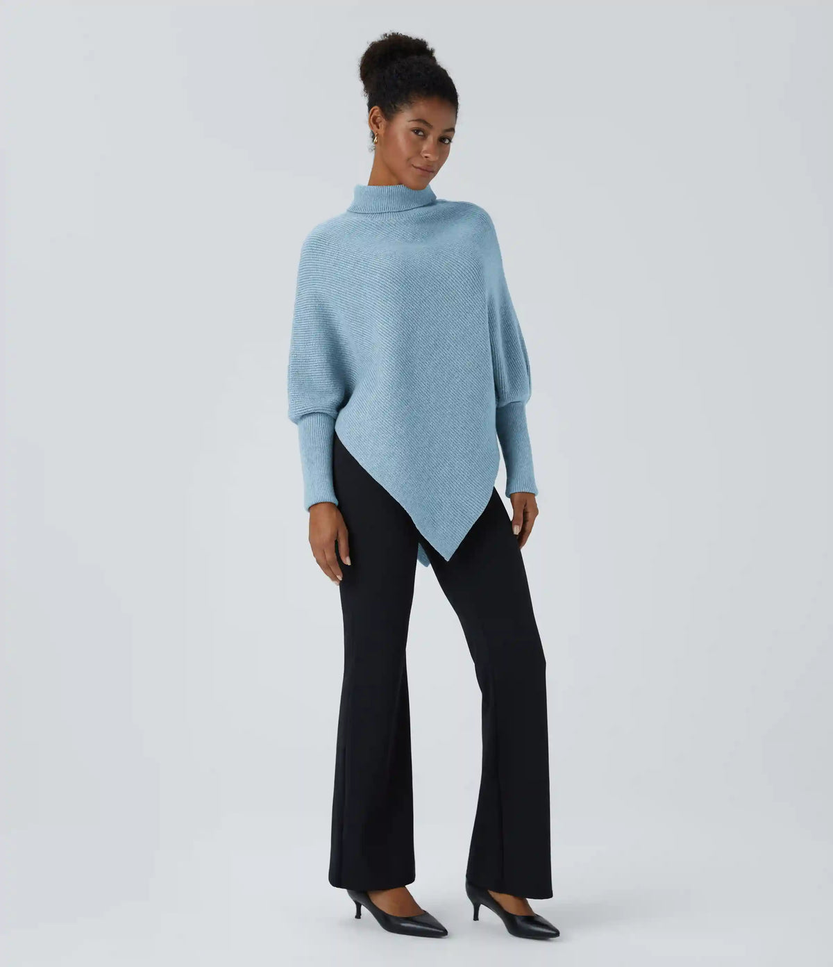High Neck Long Sleeve Asymmetric Hem Work Sweater