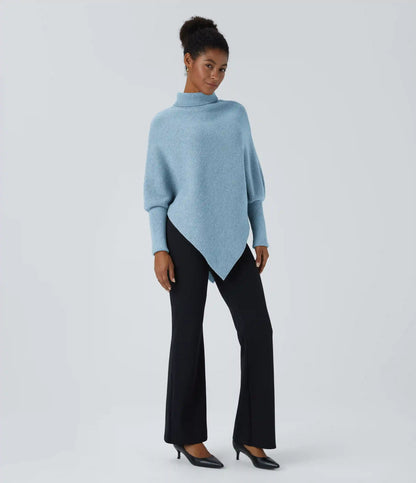 High Neck Long Sleeve Asymmetric Hem Work Sweater
