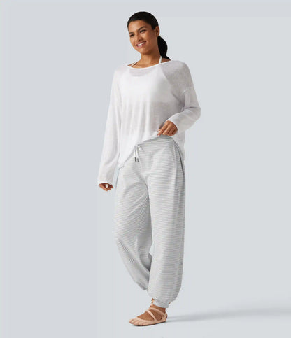 Mid Rise Foldover Drawstring Stripe Yoga Jogger with Pockets