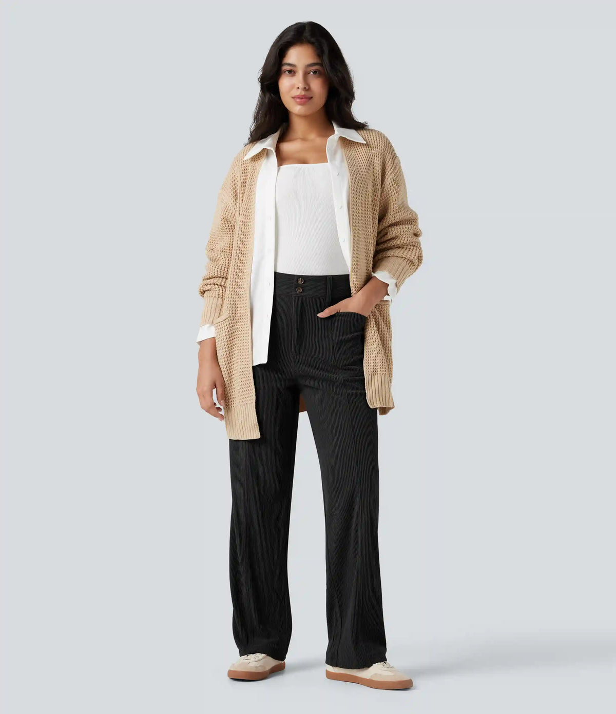 High Waisted Corduroy Casual Straight Leg Pants with Pockets