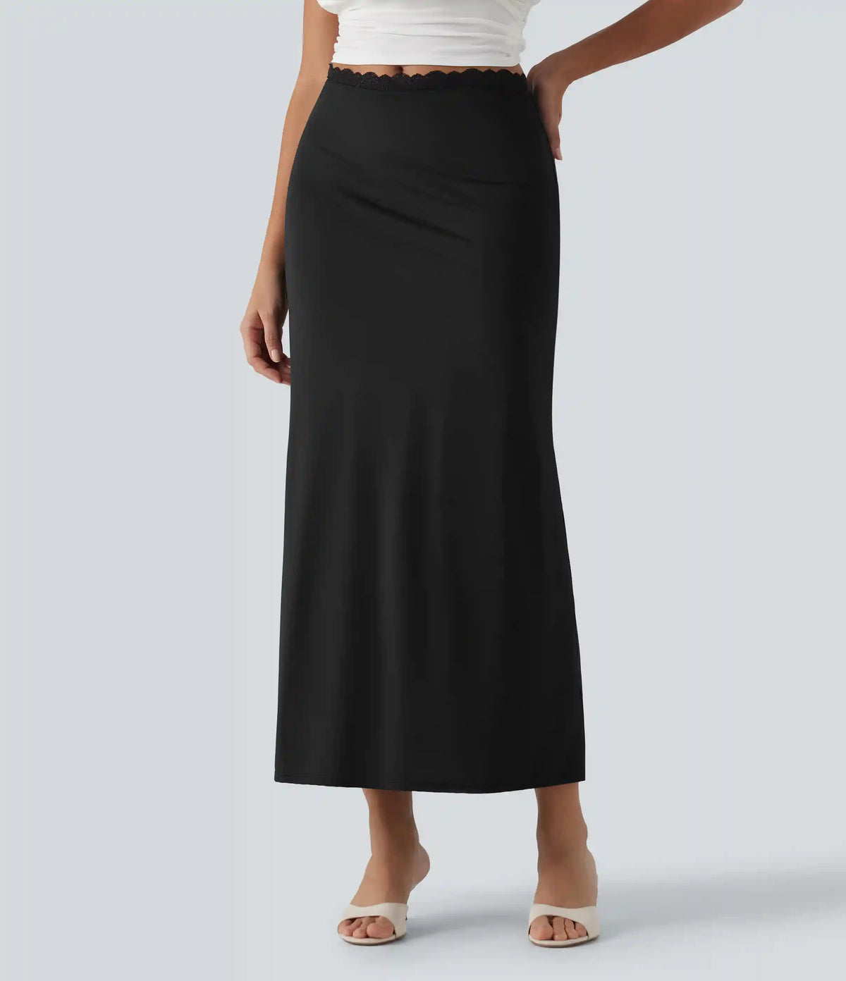 Mid Rise Contrast Lace Stretchy Satin-Like InstantCool Maxi Party Pencil Skirt