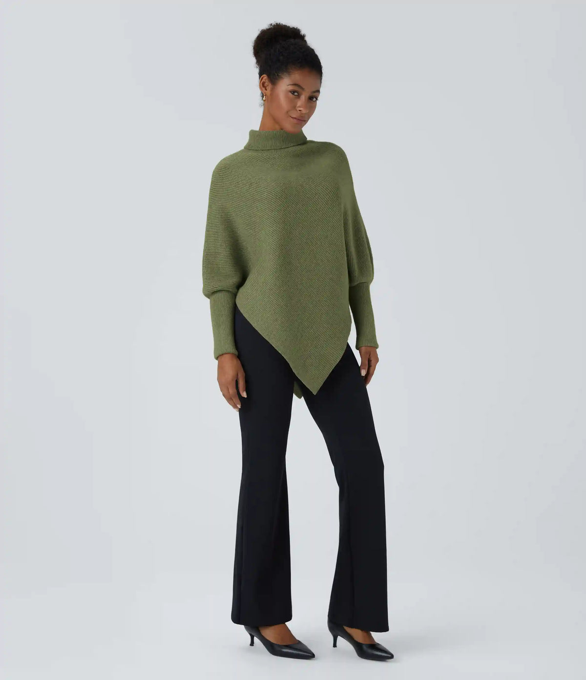 High Neck Long Sleeve Asymmetric Hem Work Sweater