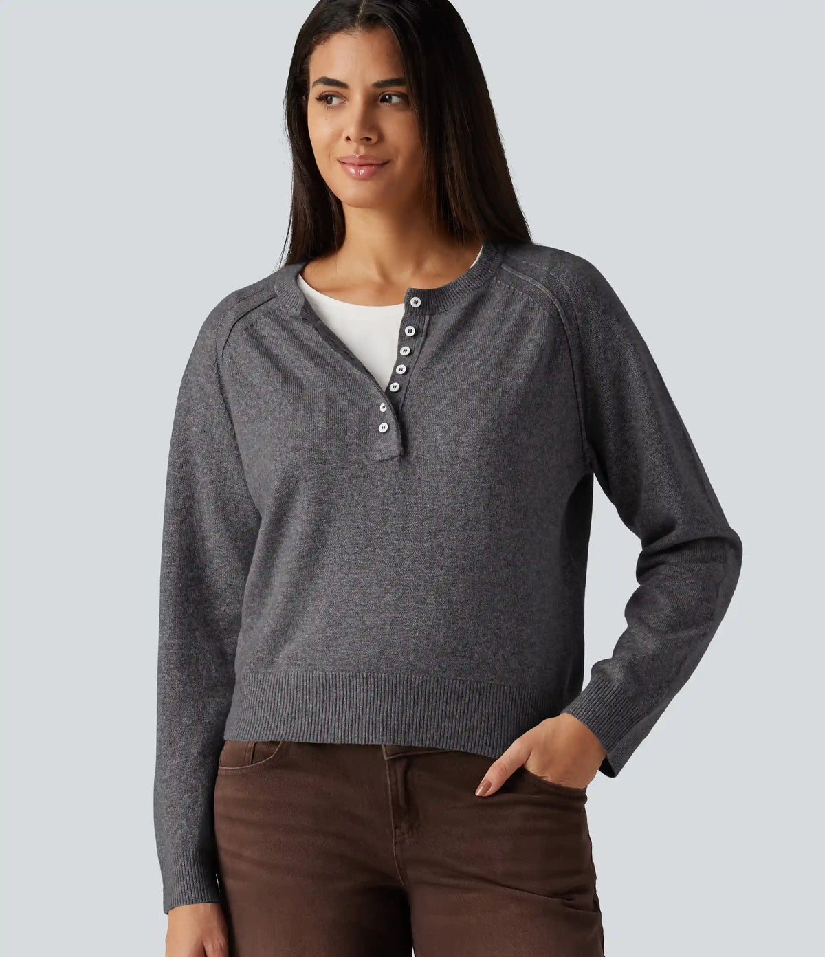Henley Neck Long Sleeve Casual Sweater