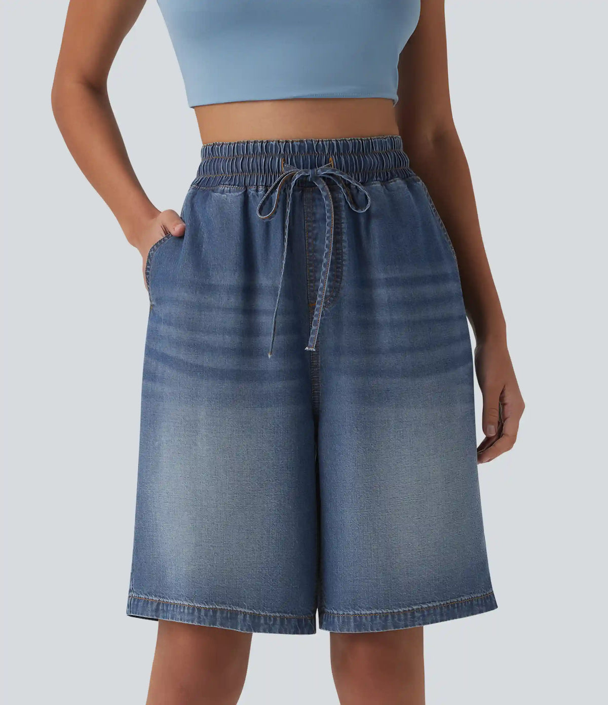 High Waisted Drawstring Denim Casual Bermuda Shorts 9'' with Pockets