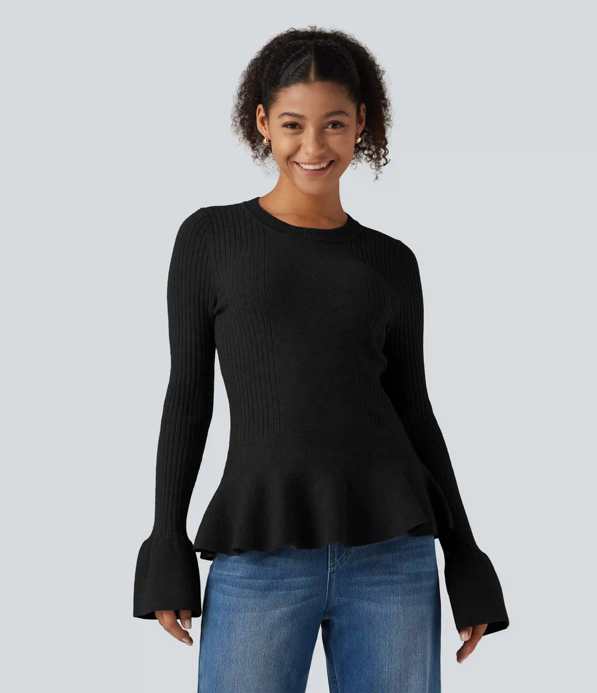 Round Neck Long Sleeve Ruffle Hem Slim Work Sweater