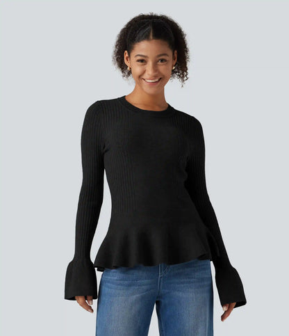 Round Neck Long Sleeve Ruffle Hem Slim Work Sweater