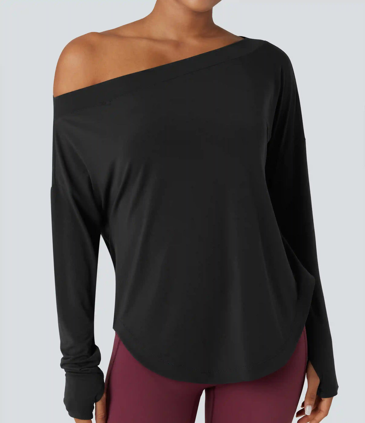 One Shoulder Long Sleeve Thumb Hole Curved Hem High Low Quick Dry Yoga Sports Top-Built-in Bra