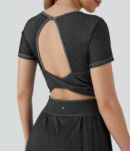 Halara Flex™ Pleated Hem 2-in-1 InstantCool Washed Denim Tennis Active Dress with Pockets