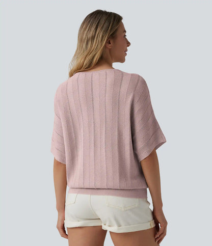 V Neck Short Sleeve Casual Sweater