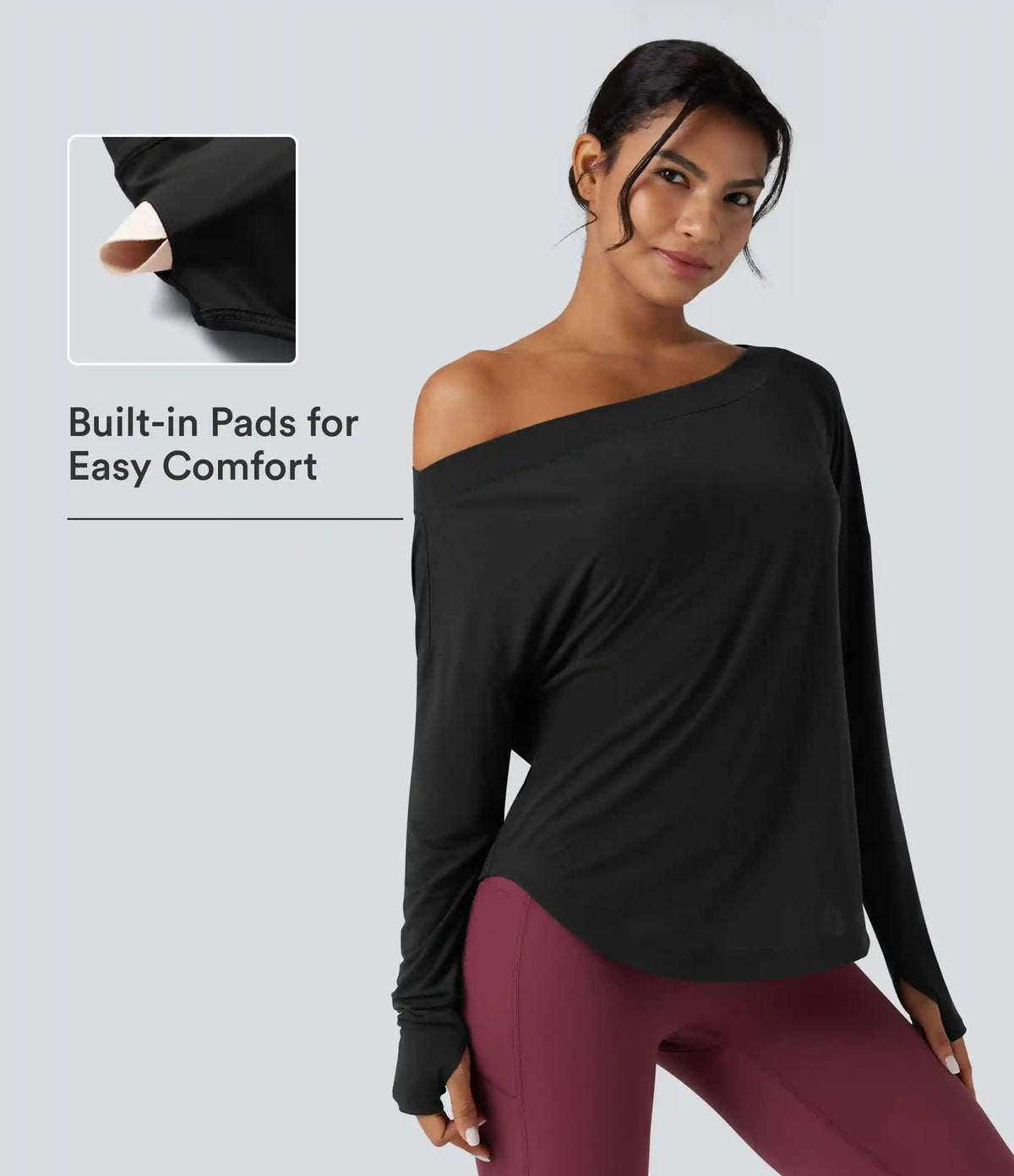 One Shoulder Long Sleeve Thumb Hole Curved Hem High Low Quick Dry Yoga Sports Top-Built-in Bra