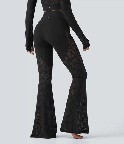 Halara UltraSculpt™ High Waisted Crossover Tummy Control Contrast Lace Yoga Flare Leggings with Pockets