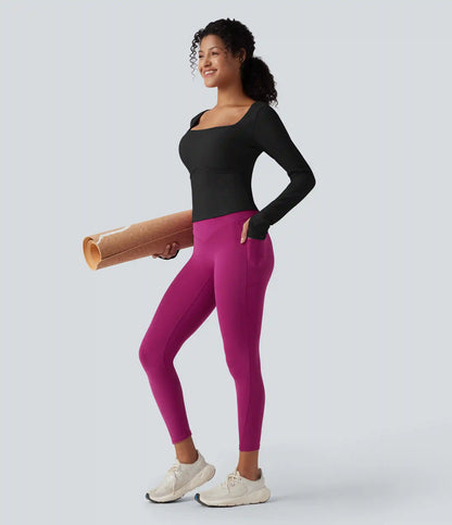 Ribbed Square Neck Push-Up Long Sleeve Thumb Hole Yoga Sports Top DD-F Cups