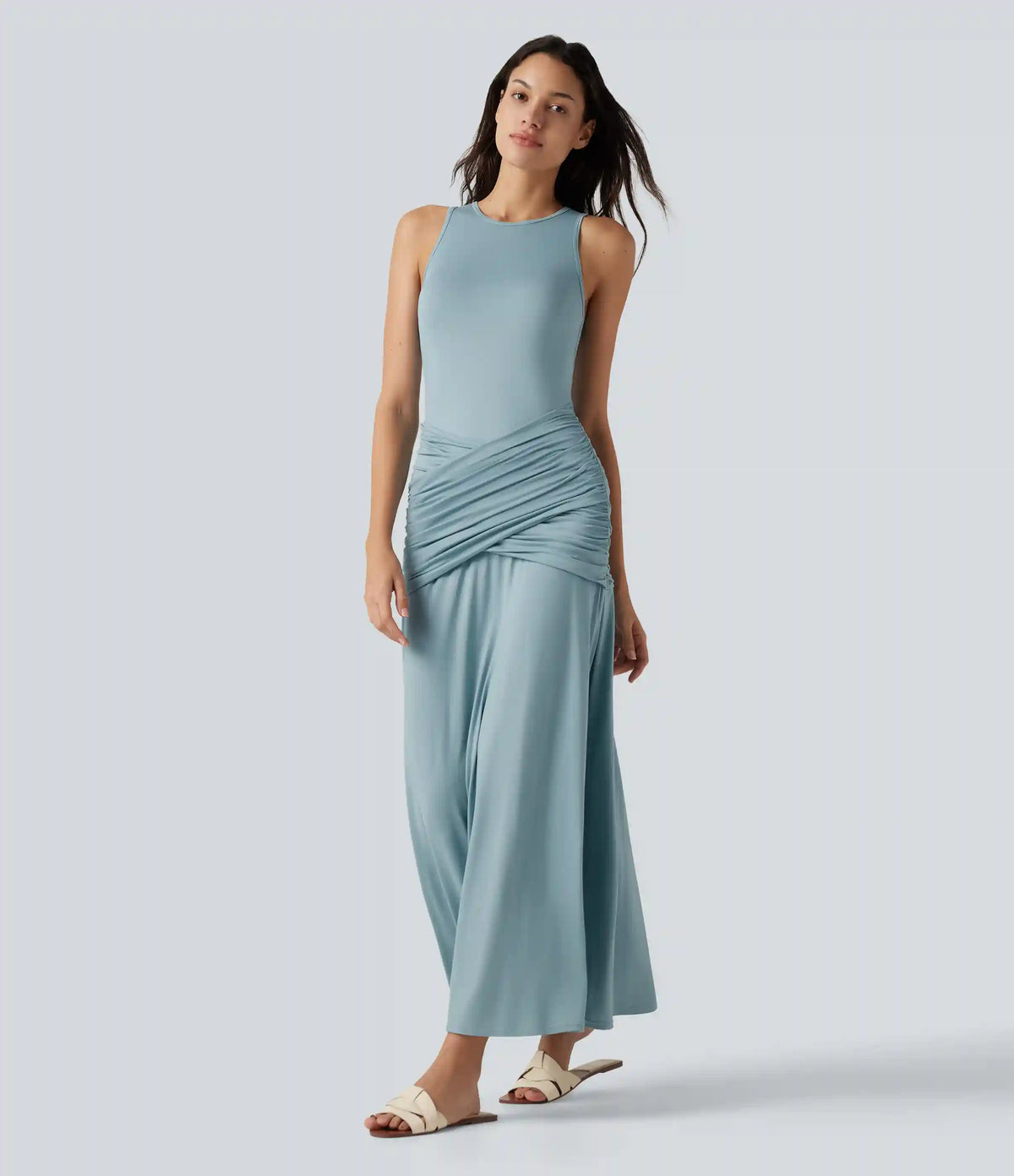Round Neck Sleeveless Ruched Crossover Waist Maxi Casual Flowy Dress