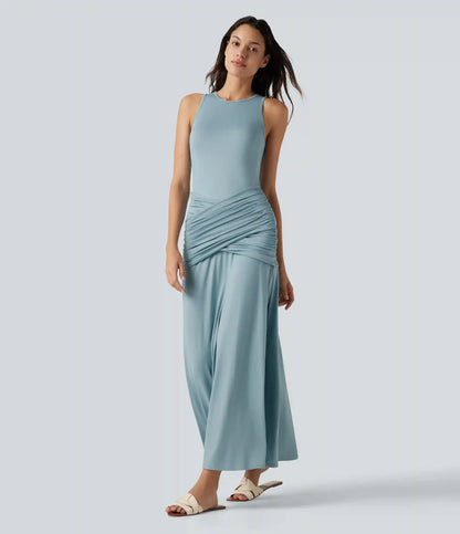 Round Neck Sleeveless Ruched Crossover Waist Maxi Casual Flowy Dress