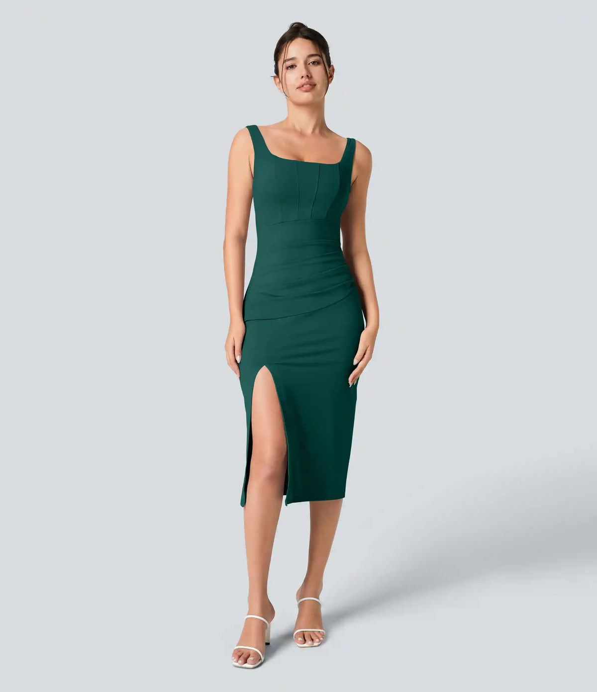 SoftlyZero™ Airy Square Neck Backless Corset Ruched Split Bodycon Midi InstantCool Bridesmaid and Wedding Guest Dress