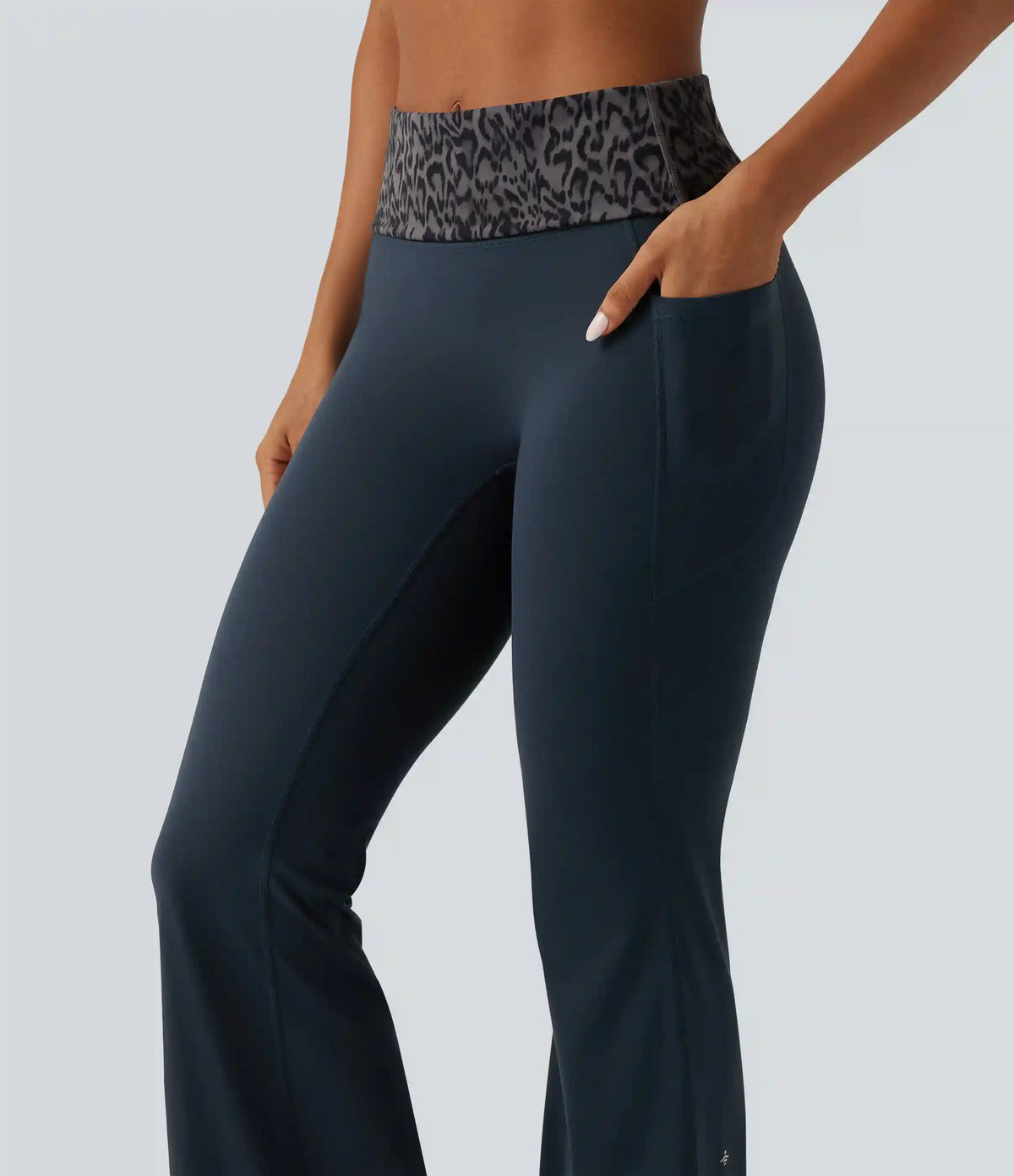 Halara UltraSculpt™ Mid Rise Foldover Tummy Control Leopard Print Flare Yoga Leggings with Pockets