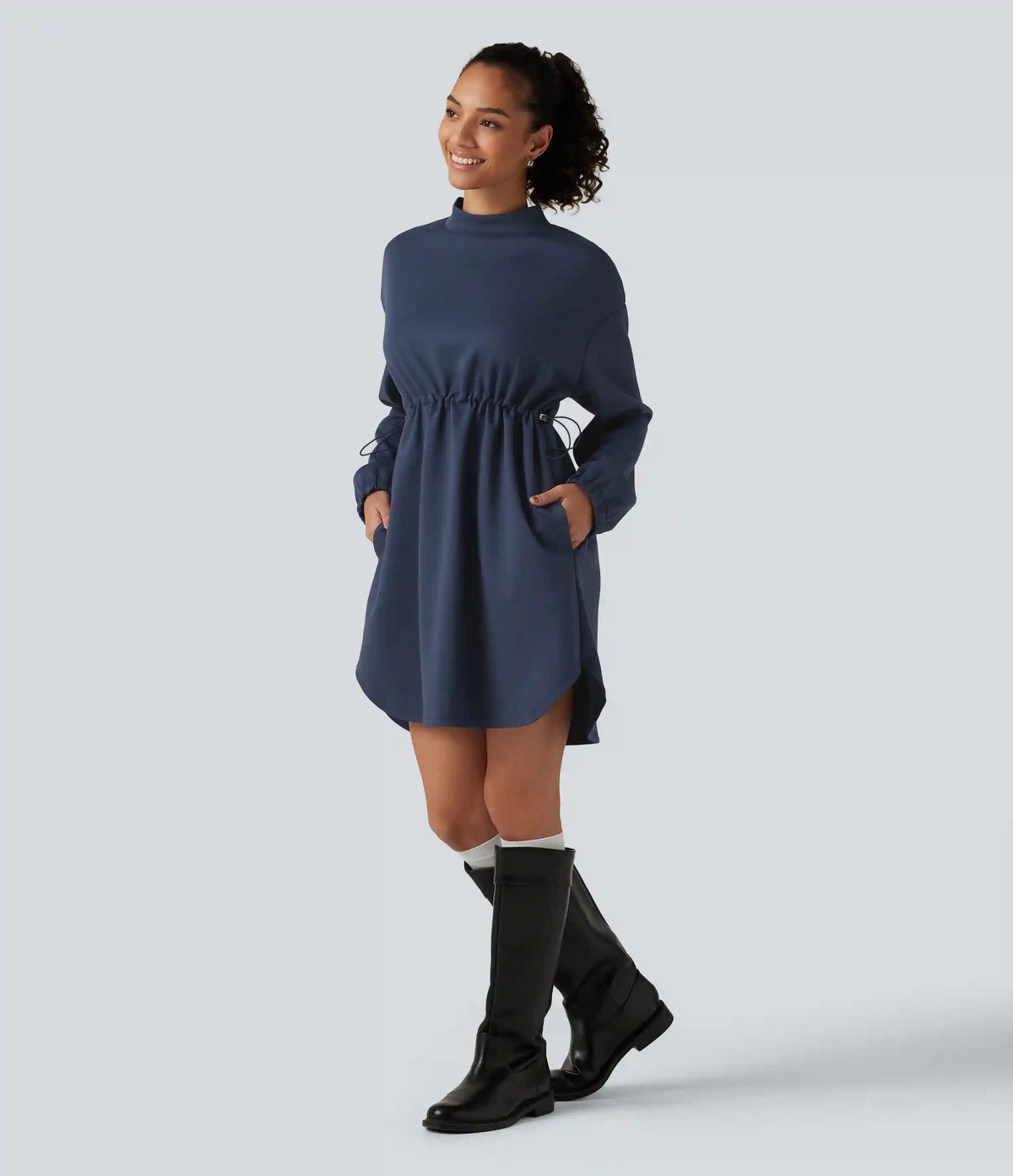 Mock Neck Drawstring Long Sleeve Mini Casual Dress with Pockets