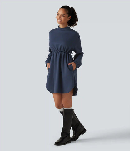 Mock Neck Drawstring Long Sleeve Mini Casual Dress with Pockets