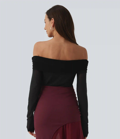 SoftlyZero™ Plush Off Shoulder Mesh Long Sleeve Top