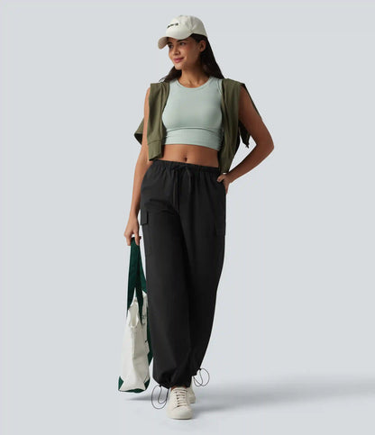 Mid Rise Drawstring Straight Leg Casual Cargo Pants with Pockets