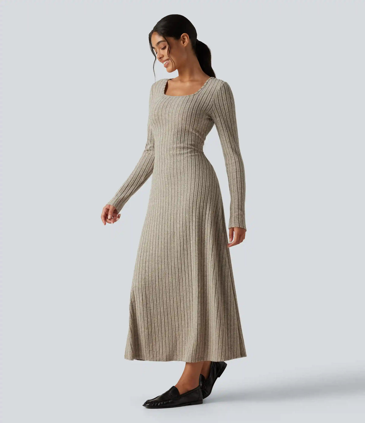 Ribbed Knit U Neck Long Sleeve Midi Casual Dress