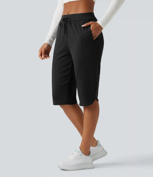Mid Rise Drawstring Curved Hem Pedal Pusher Quick Dry Golf Pants with Pockets-UPF40+
