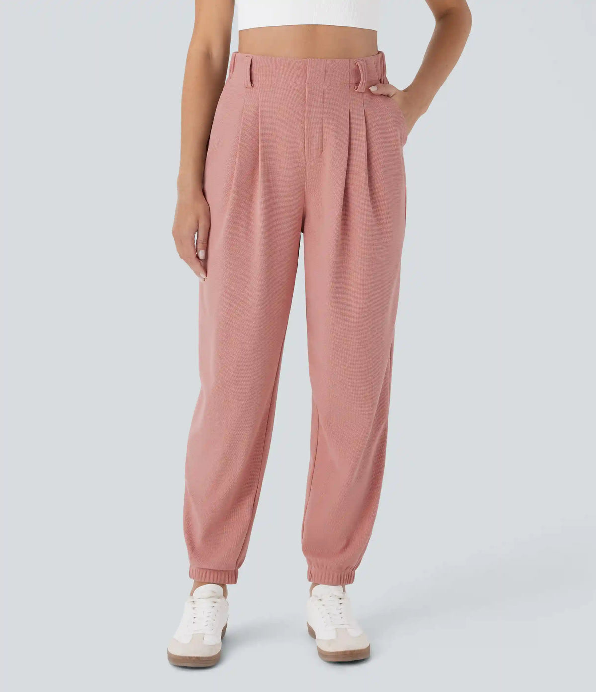 High Waisted Tapered Waffle Casual Joggers with Pocket
