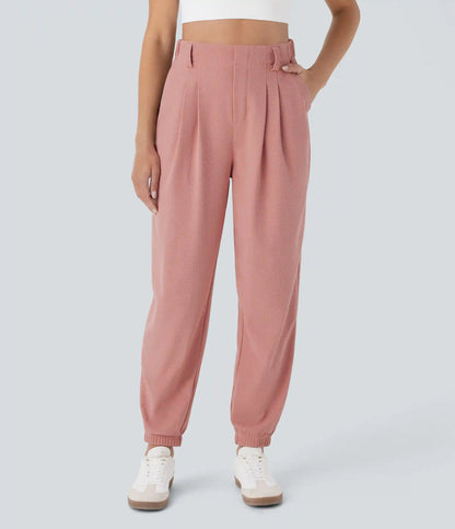 High Waisted Tapered Waffle Casual Joggers with Pocket