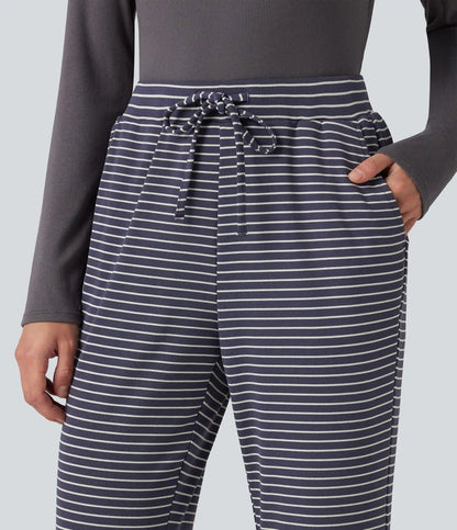 Ribbed Knit Stripes Mid Rise Drawstring Casual Bootcut Pants with Pockets