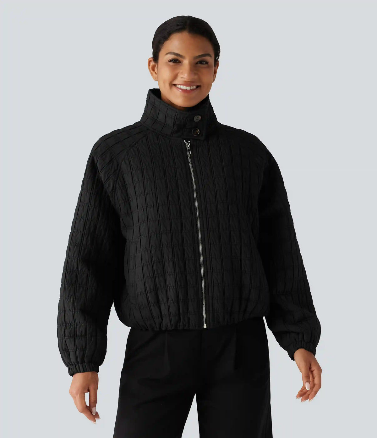 Stand Collar Long Sleeve Quilted Casual Jacket with Pockets