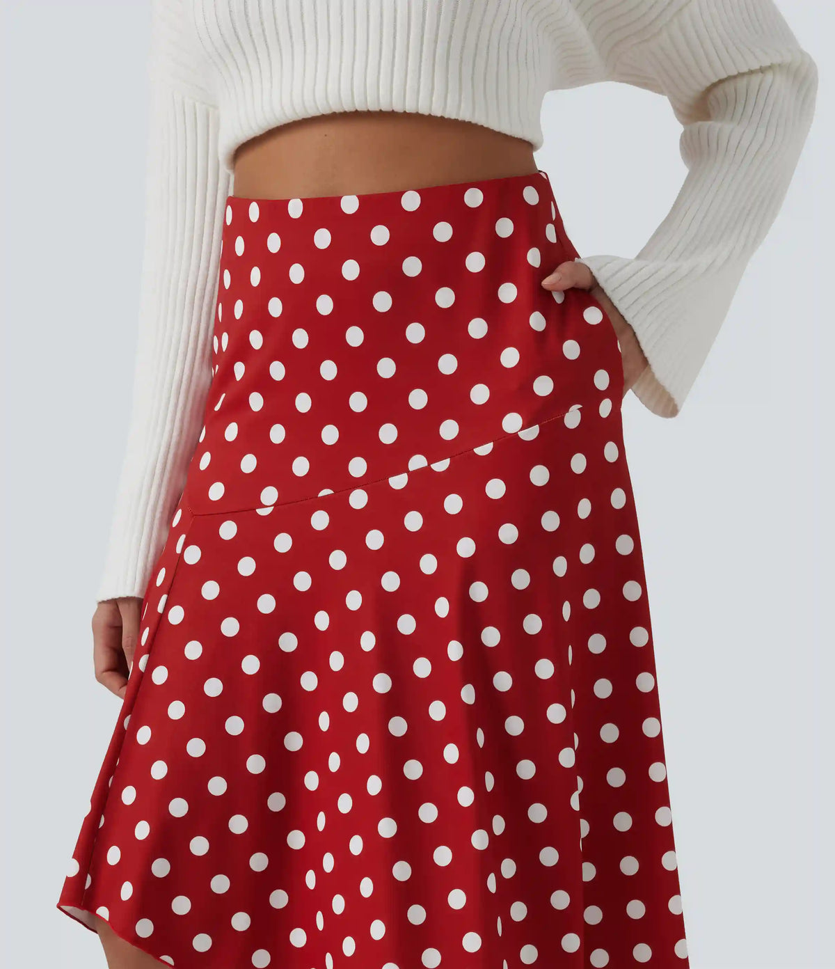 High Waisted Asymmetric Ruffle Hem Polka Dot Casual Midi Skirt with Pockets