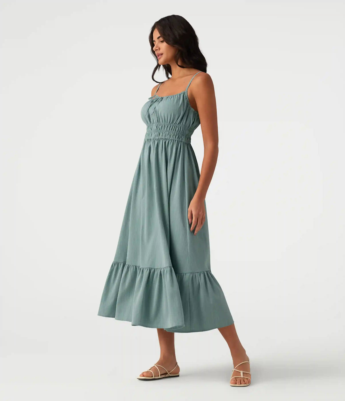 Tie Front Flowy Midi Casual Linen-Feel Slip Milkmaid Dress
