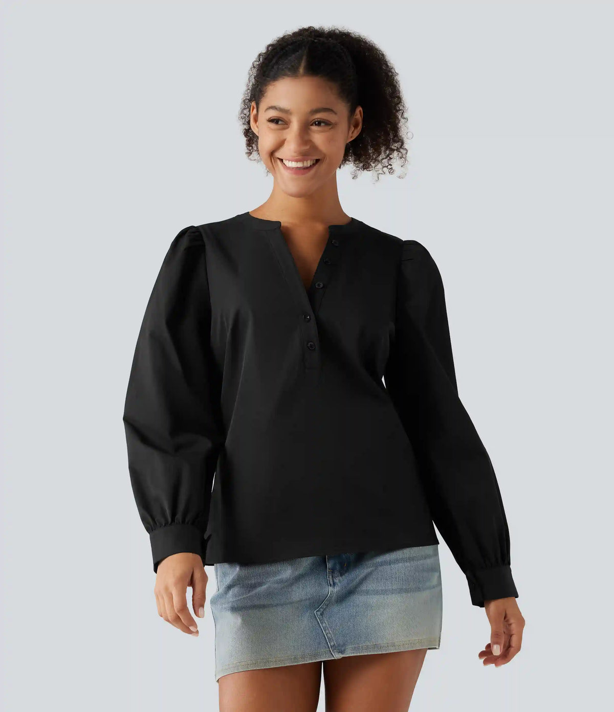 Henley Neck Puff Long Sleeve Casual Blouse