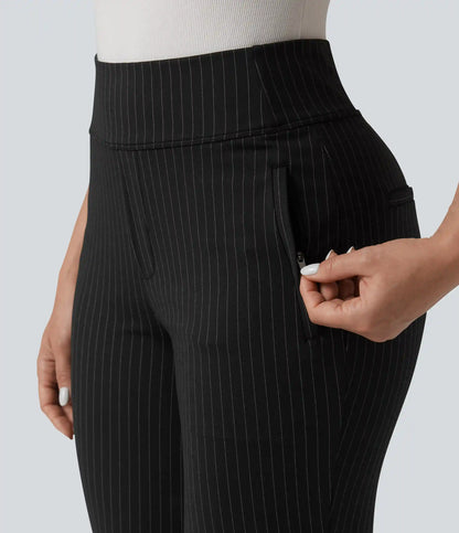 Mid Rise Stripe Work Flare Pants with Pockets