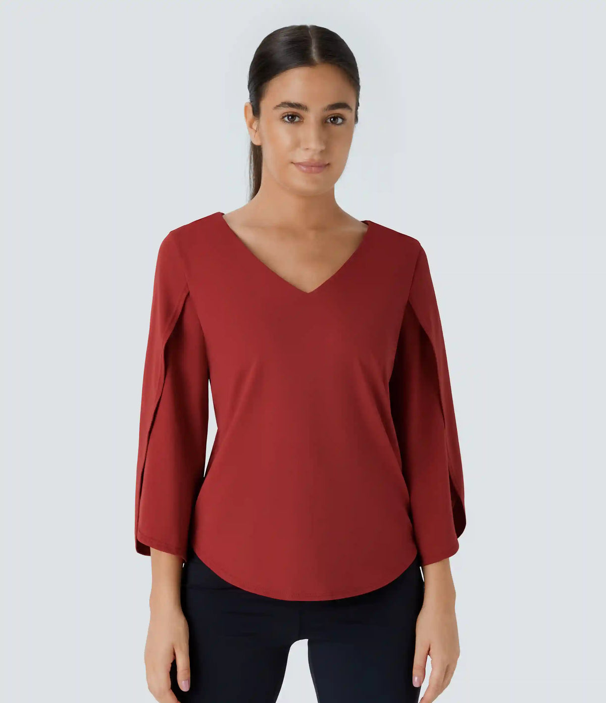 V Neck 3/4 Sleeve Curved Hem Work Top