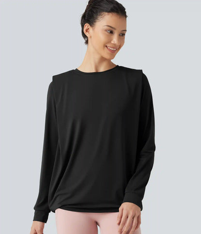 Round Neck Long Sleeve Ruched InstantCool Yoga Sports Top-Longer Length-UPF50+