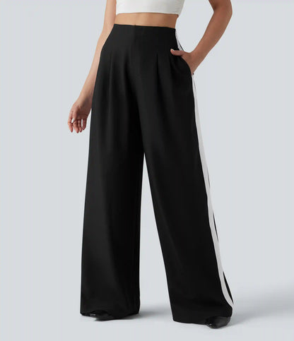 Wrinkle Recovery High Waisted Baggy Color Block Casual Linen-Feel Pants with Pockets